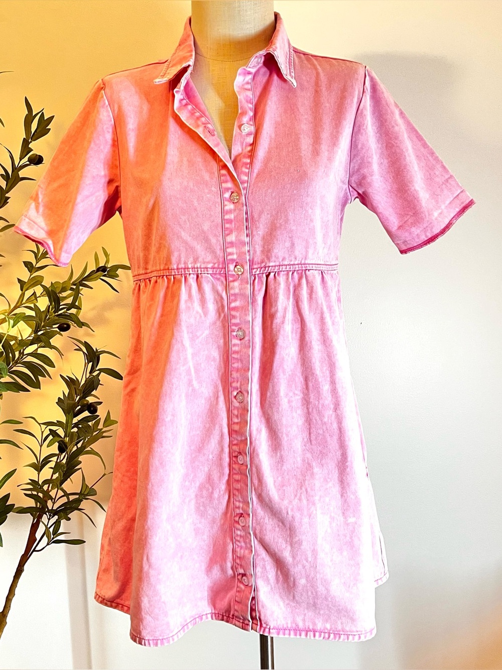 Pink Button-Front Denim Shirt Dress